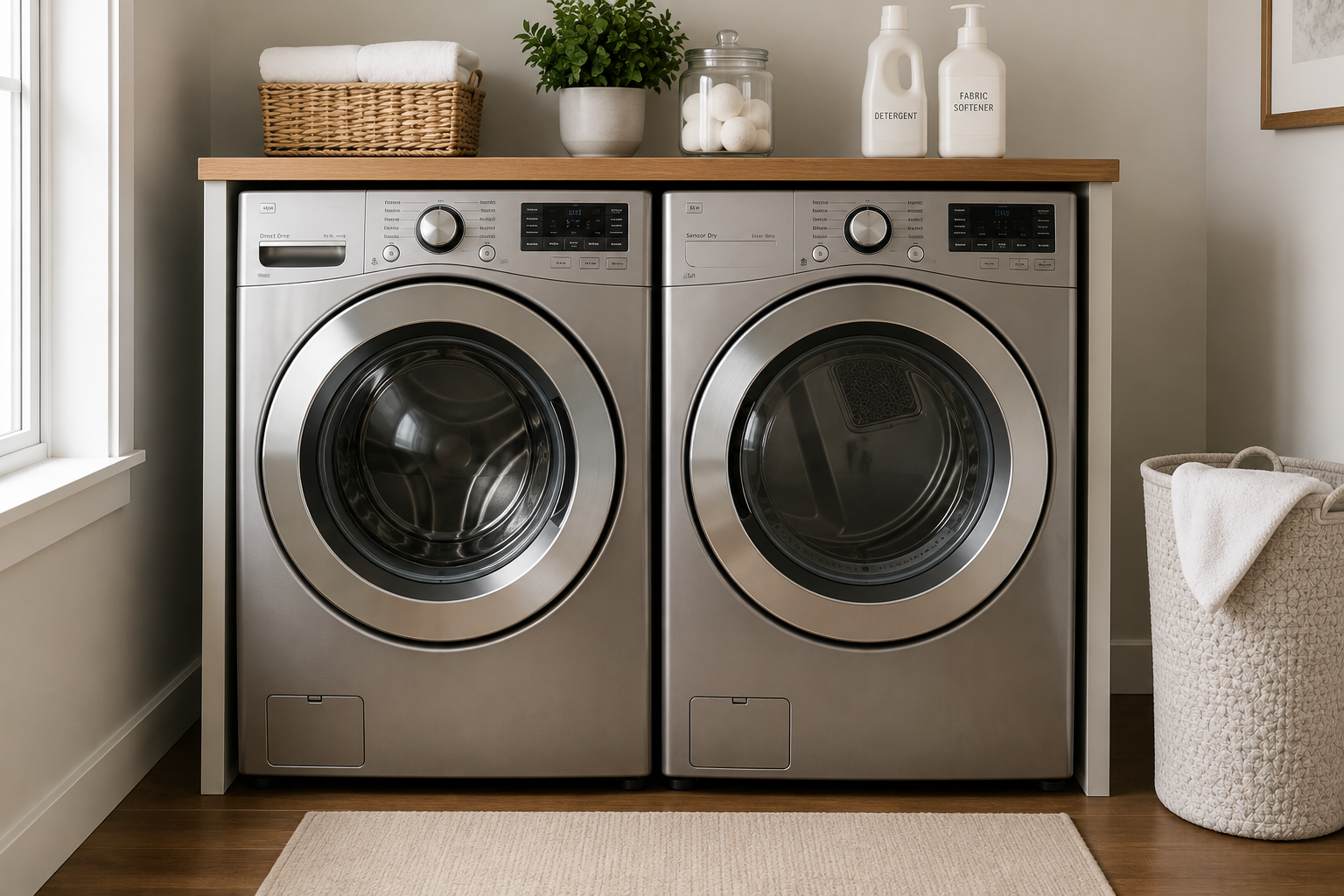 Modern front-load washer and dryer set available for professional repair services by Appliance Rescue KC in Kansas City.