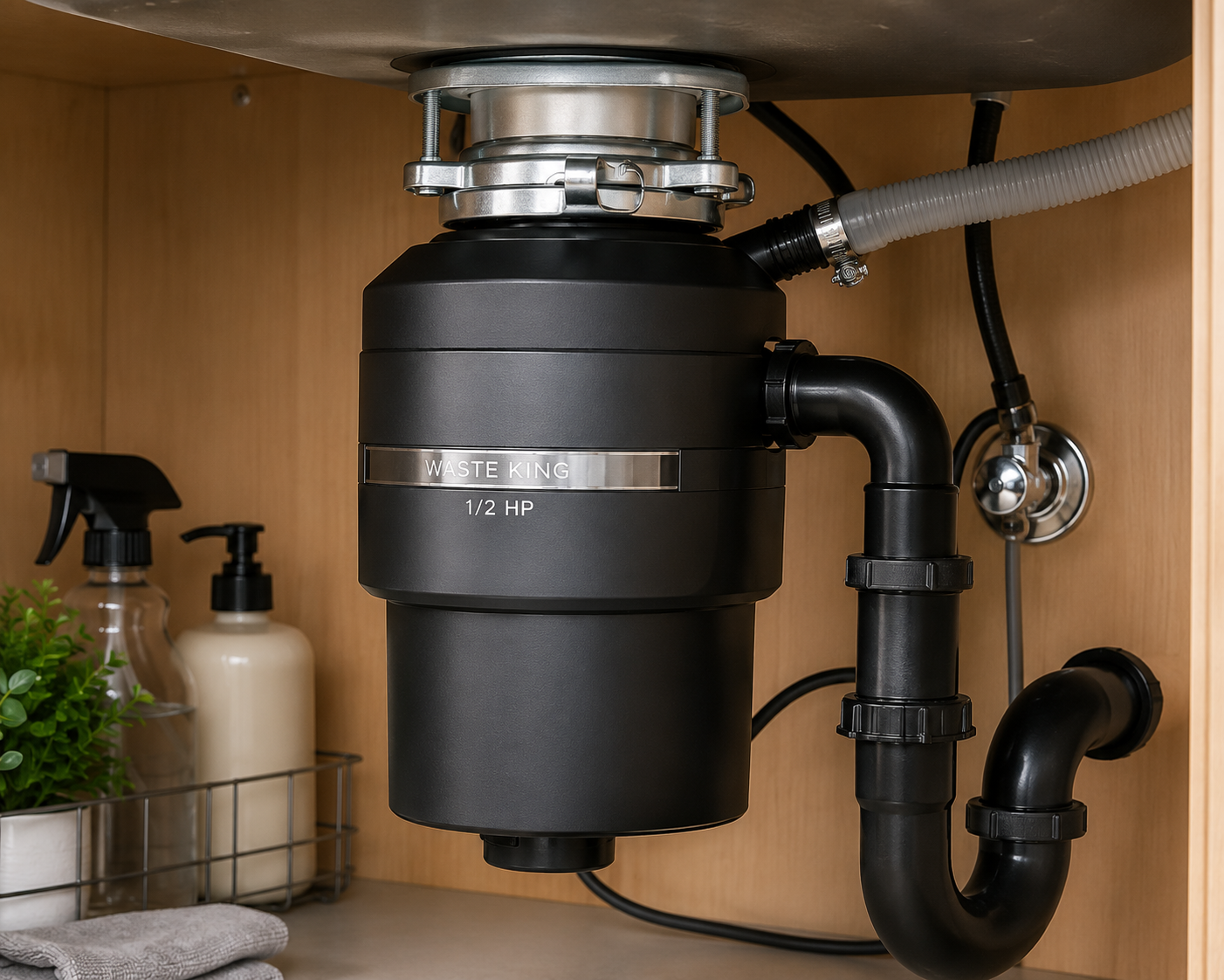 Under-sink garbage disposal unit installed beneath a kitchen sink, serviced by Appliance Rescue KC.