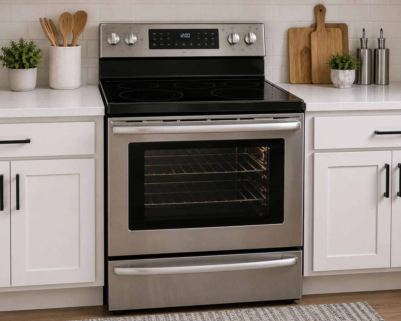 Modern stainless steel oven and electric stove available for professional appliance repair throughout Kansas City.