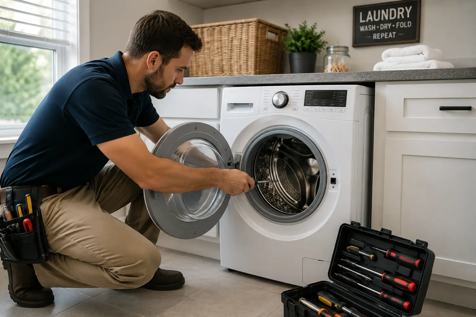 Appliance repair technician repairing a front-load washing machine in a Kansas City home
