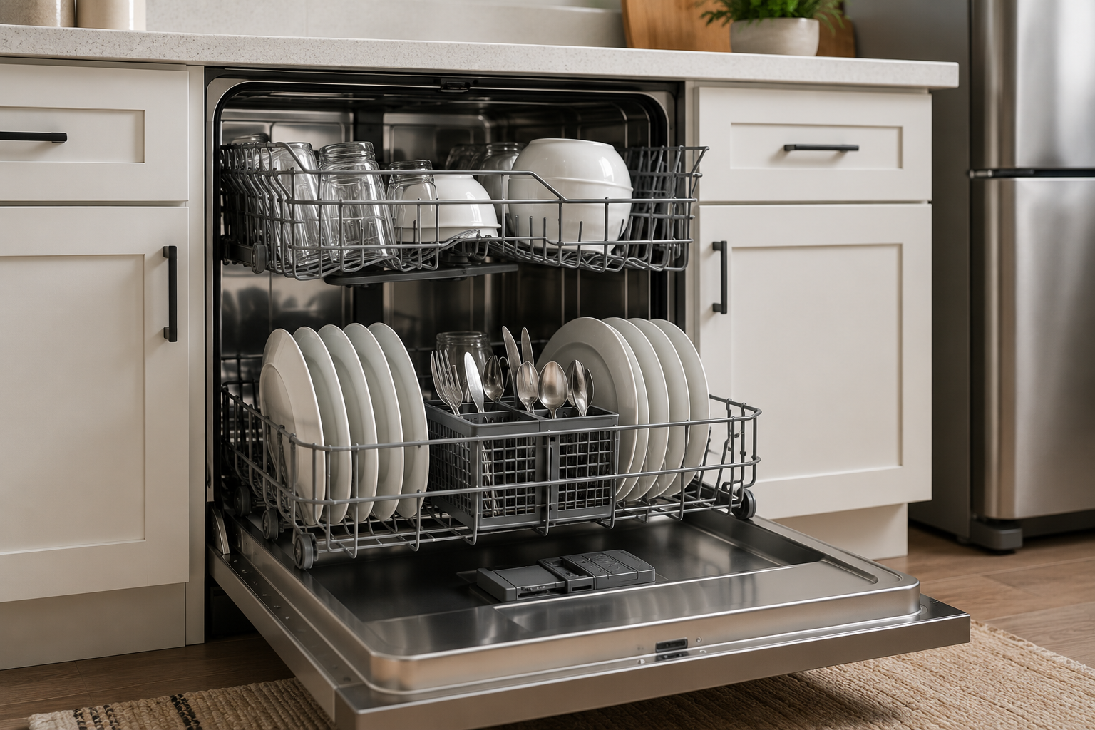 Open stainless steel dishwasher loaded with dishes, representing professional dishwasher repair services in Kansas City.